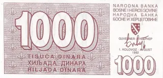 Bosnia and Herzegovina 1,000 Dinara, 1992 P-26 obverse
